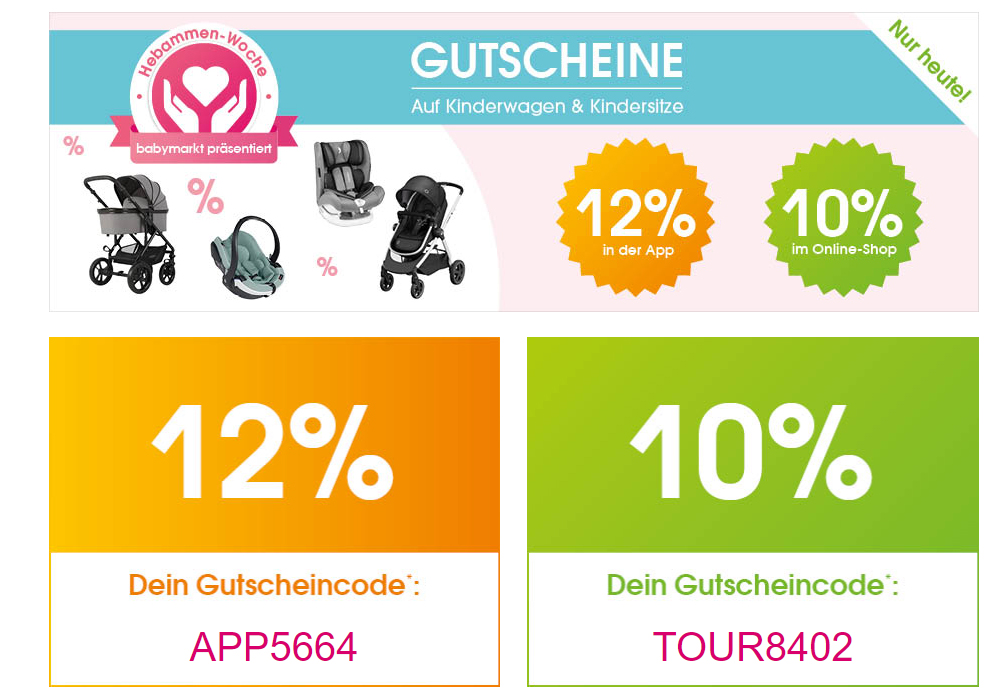 NUR HEUTE! 10%-Rabattaktion auf die Kategorien Kinderwagen und Kindersitze auf babymarkt.de