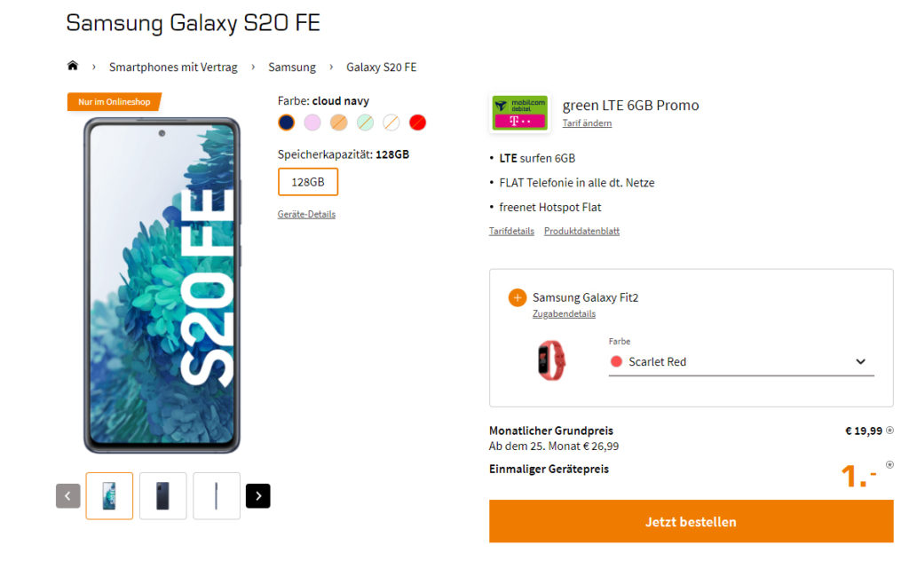 Samsung Galaxy S20 FE und Galaxy Fit2 Fitnesstracker mit Vertrag günstiger als im Einzelkauf