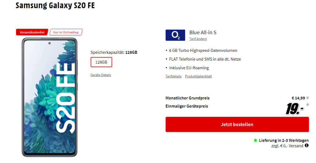 Black Week Deals mit dem Samsung Galaxy S20 FE für nur 14,99€ monatlich - im o2 Netz 6 GB LTE und im Vodafone Netz 5 GB LTE