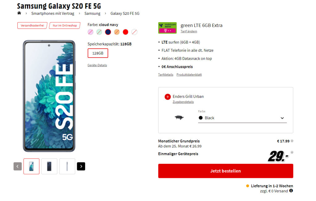 Vatertag-Deal! Samsung Galaxy S20 FE 5G & Enders Grill Urban mit 10GB LTE nur 17,99€ monatlich
