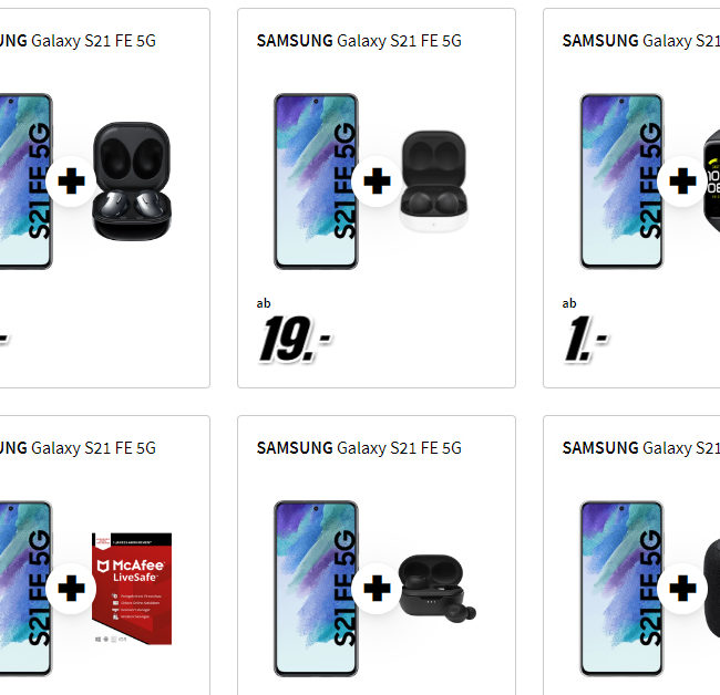 Samsung Galaxy S21 FE mit Tarif und Zugabe wie z.B. Kopfhörer, Bluetooth Lautsprecher für nur 19,99 Euro monatlich